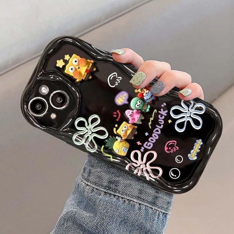Coque Bob L'Éponge - Silicone Noir Fleurs